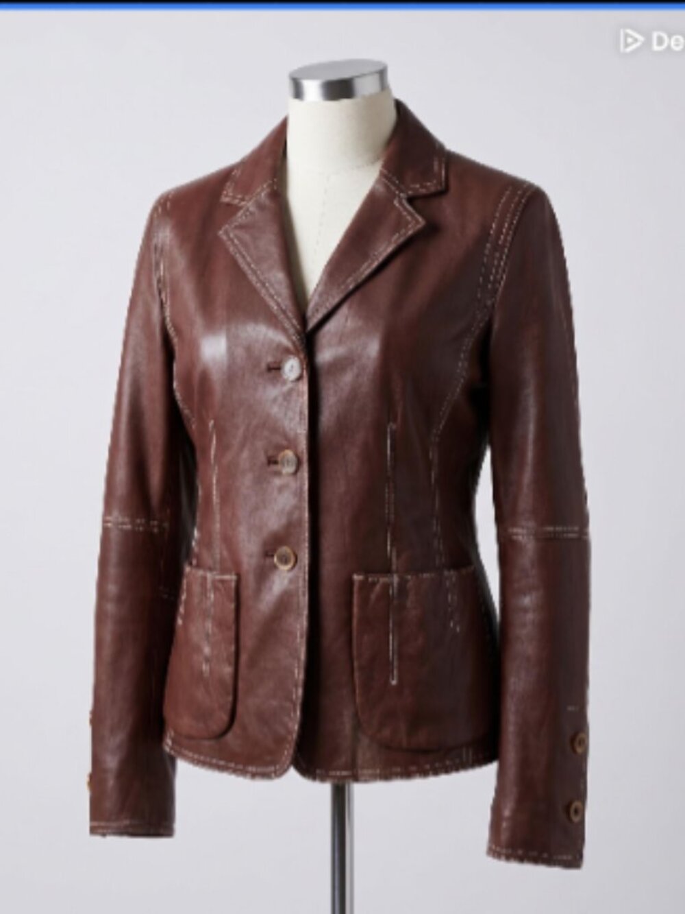 CAbi Vintage Brown Leather Blazer White Contrast Stitch #382 Sz 6